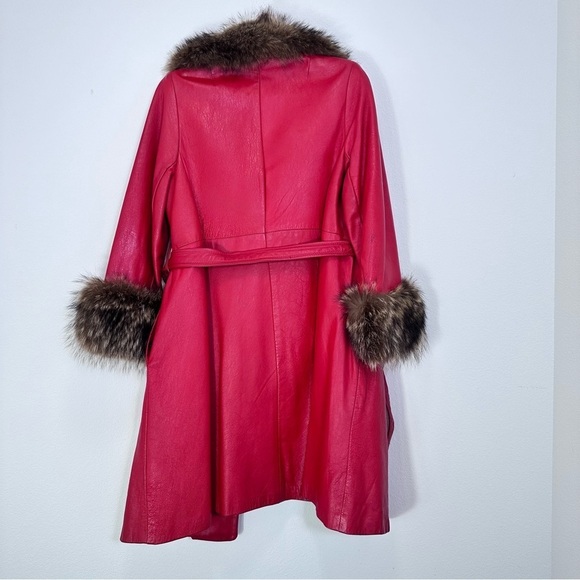 Vintage Red Leather Fur Trimmed Belted Penny Lane Winter Coat 70s Retro Eclectic - Picture 5 of 9
